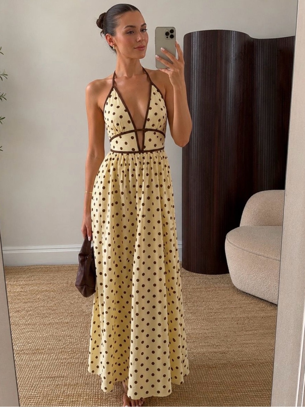 Commense Yellow Halter Maxi Dress with Brown Polka Dots